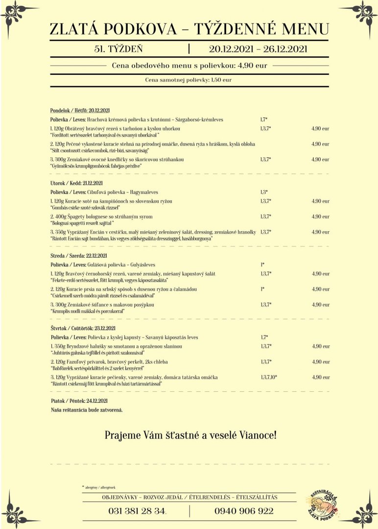 Obedové menu reštaurácie Zlatá Podkova na tento týždeň + vianočné menu